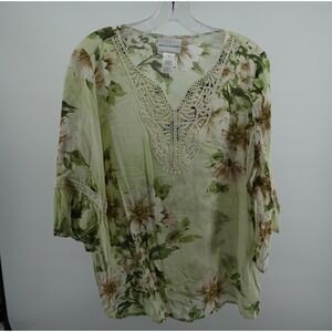 Alfred Dunner Womens Green Floral Lace V-Neck Bell Sleeve Blouse Top Size 8